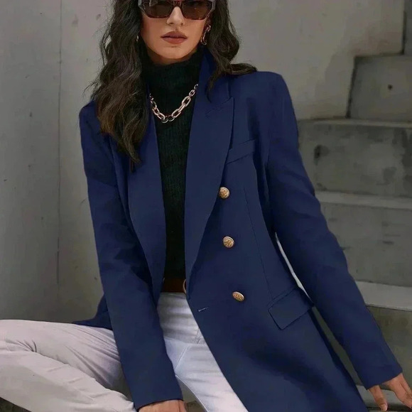 Navy Blue Elegant Women's Double Breasted Flap Detail Workwear Blazer - Picture 1 of 4
